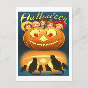 Cartão Postal Halloween Vintage Retrô Crianças e Gatos