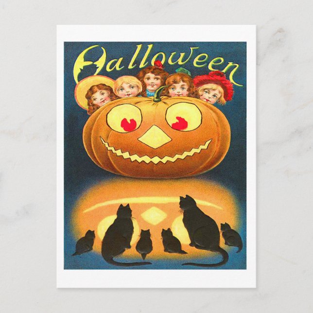 Cartão Postal Halloween Vintage Retrô Crianças e Gatos (Frente)