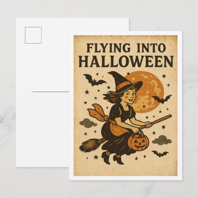 Cartão Postal Halloween Vintage Voadora (Frente/Verso)