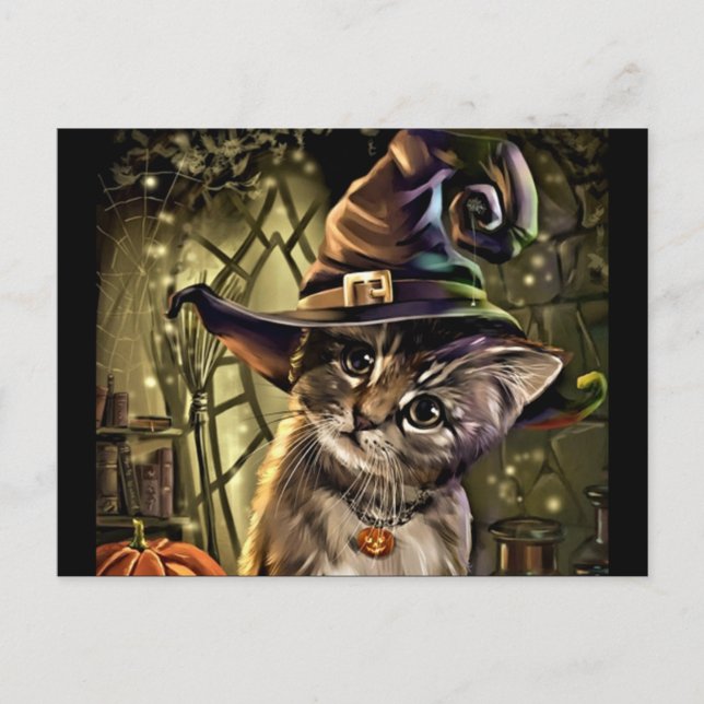 Cartão Postal Halloween Witch Cat (Frente)