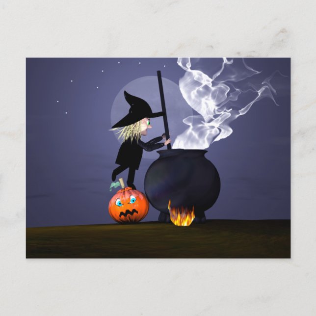 Cartão Postal Halloween Witch e Cauldron (Frente)