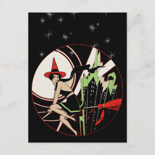 Cartão Postal Halloween Witch Flying (vintage)