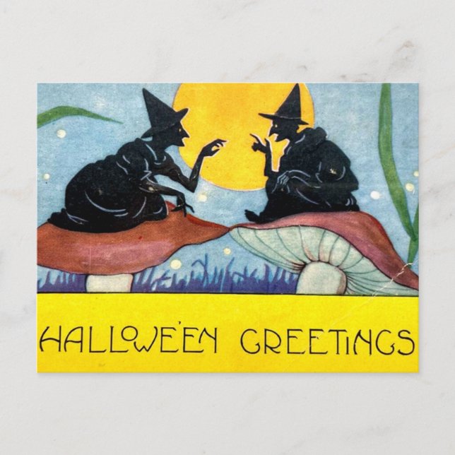 Cartão Postal Halloween Witches on Toadstool with Full Moon (Frente)