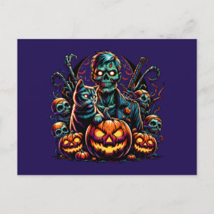 Cartão Postal Halloween Zombie e Cat