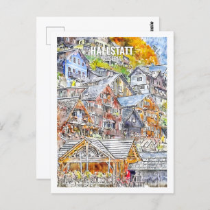 Cartão Postal Hallstatt Austria Famoso Desenho de Aquarela Viage