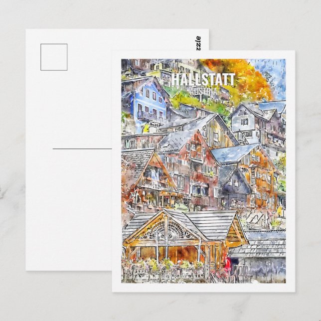 Cartão Postal Hallstatt Austria Famoso Desenho de Aquarela Viage (Frente/Verso)