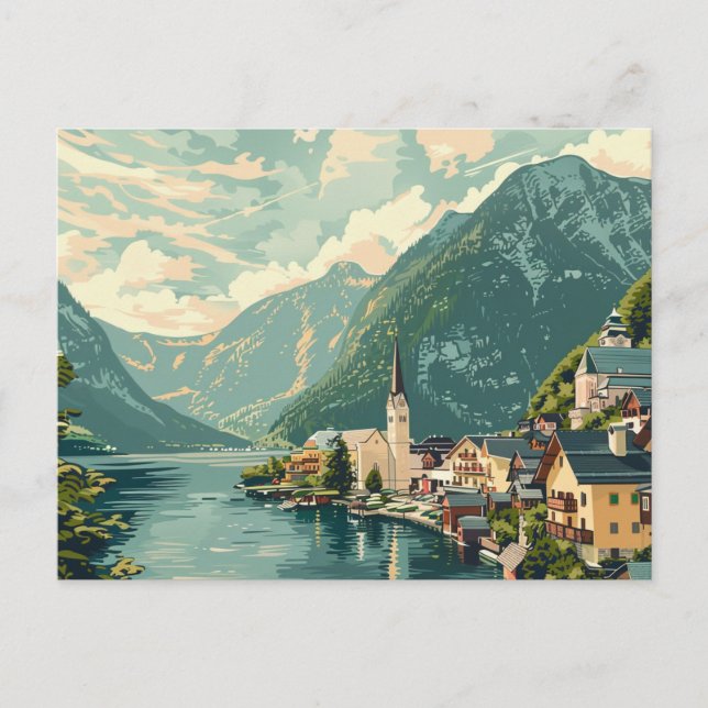 Cartão Postal Hallstatt, Viagens vintage da Áustria (Frente)
