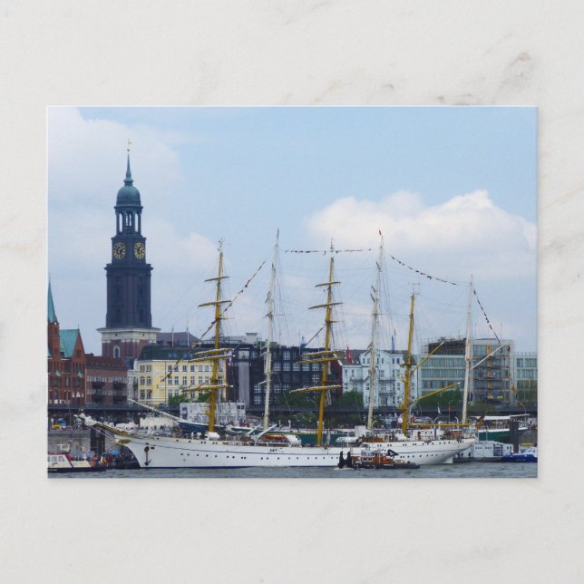 Cartão Postal Hamburg Harbour Hafen Michel Alemanha Schiffe (Frente)