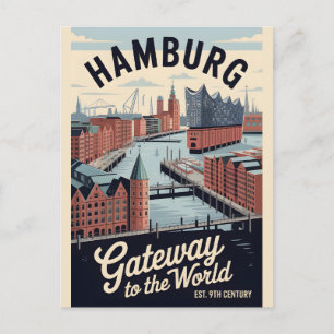 Cartão Postal Hamburgo Alemanha Retro Silhueta da Cidade Viagem