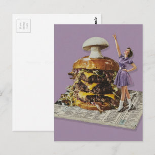Cartão Postal Hambúrguer de queijo engraçado Colagem de senhora
