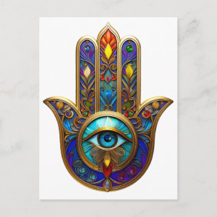 Cartão Postal Hamsa Colorido Dourado Terceiro Olho Turquesa Safi