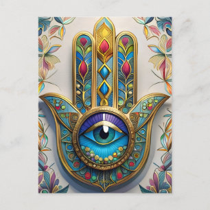 Cartão Postal Hamsa do Terceiro Olho Azul-Verde com Filigrana Co