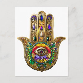Cartão Postal Hamsa Pintado a Ouro Olho Terceiro Rubi Ametista
