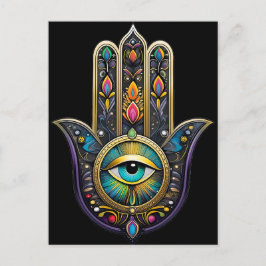 Cartão Postal Hamsa Preto Colorido com Terceiro Olho Turquesa