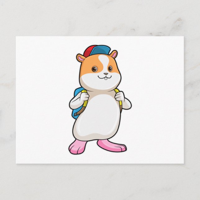 Cartão Postal Hamster como aluno com mochila e boné (Frente)