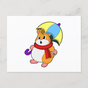 Cartão Postal Hamster na Chuva com Guarda-Chuva