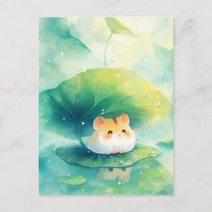 Cartão Postal Hamster sob guarda-chuva de folha verde no lago