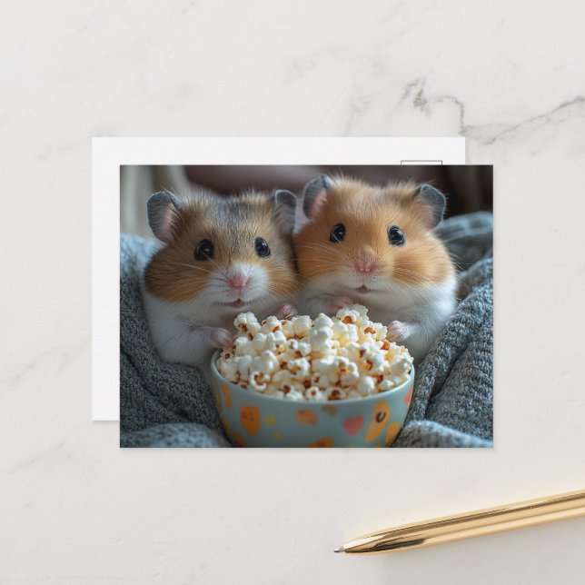 Cartão Postal Hamsters Adoráveis Com Pipoca (Frente/Verso In Situ)