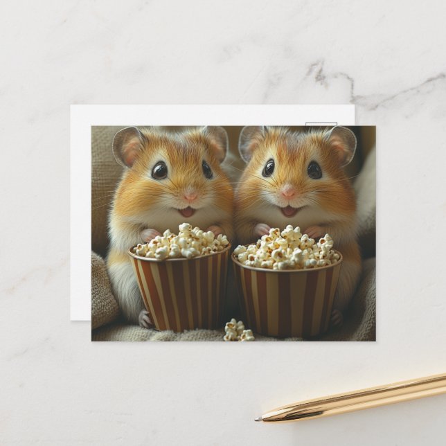 Cartão Postal Hamsters Fofos Com Pipoca Para Noite de Filme (Frente/Verso In Situ)