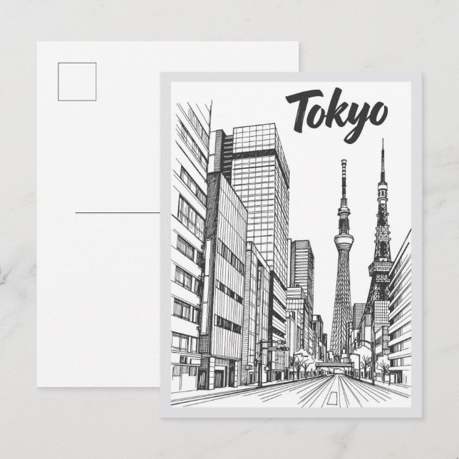Cartão Postal Hand drawn Tokyo Street Scene Landmark (Frente/Verso)