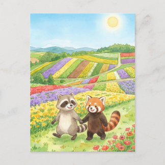 Cartão Postal Hand-Painted Raccoon & Red Panda Meadow