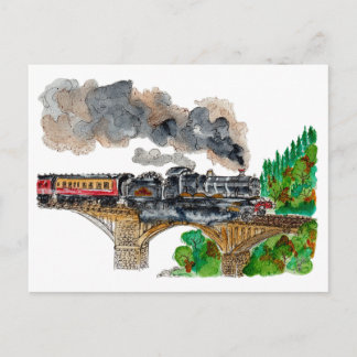 Cartão Postal Hand Painted Steam Train Locomotive Watercolor