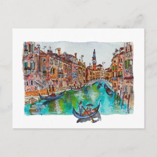 Cartão Postal Hand Painted Venice Canals and gondolas Watercolor