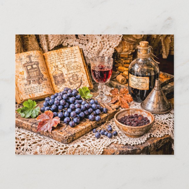 Cartão Postal Hand‑Pressed Traditional Wine with Grapes and Vint (Frente)