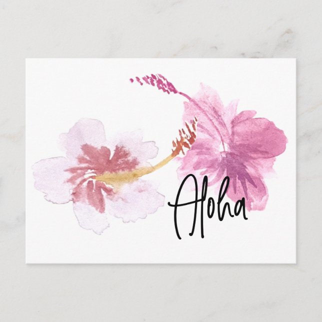 Cartão Postal Hand Watercolor Hawaii Hibiscus Floral Rosa (Frente)