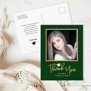 Cartão Postal Handwriting Gold & Dark Green Graduation Thank You