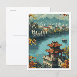 Cartão Postal Hanoi Vietnam Vintage Art Viagem Illustration