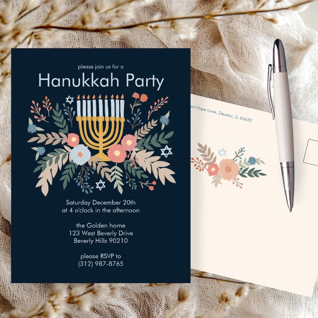 Cartão Postal Hanukkah Florals desenhar PERSONALIZADO (Hanukkah Florals Hand-draw CUSTOM Party Invitation Postcard
)