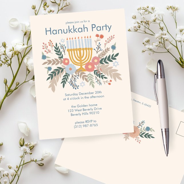 Cartão Postal Hanukkah Florals desenhar PERSONALIZADO (Hanukkah Florals Hand-draw CUSTOM Party Invitation Postcard
)