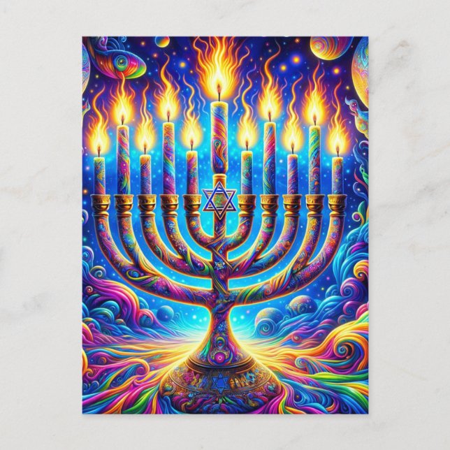 Cartão Postal Hanukkah menorah cresce em cores psicodélicas (Frente)