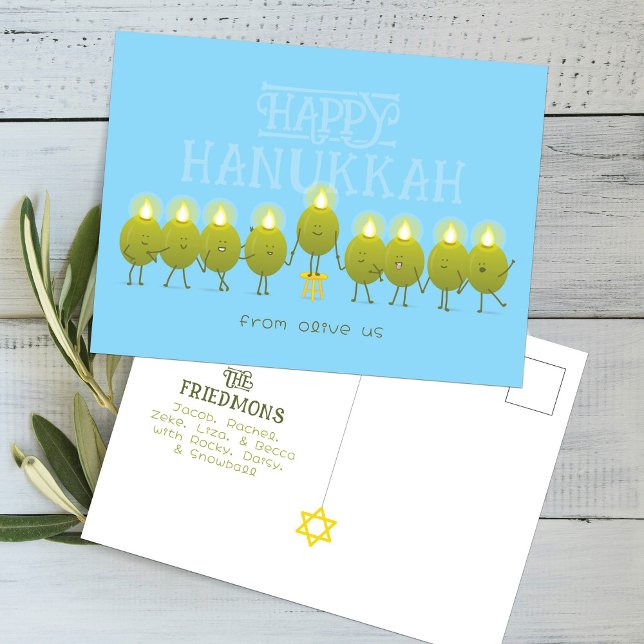 Cartão Postal Hanukkah Menorah Olives, Baby Blue Group (Criador carregado)