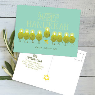Cartão Postal Hanukkah Menorah Olives, Teal Green Group