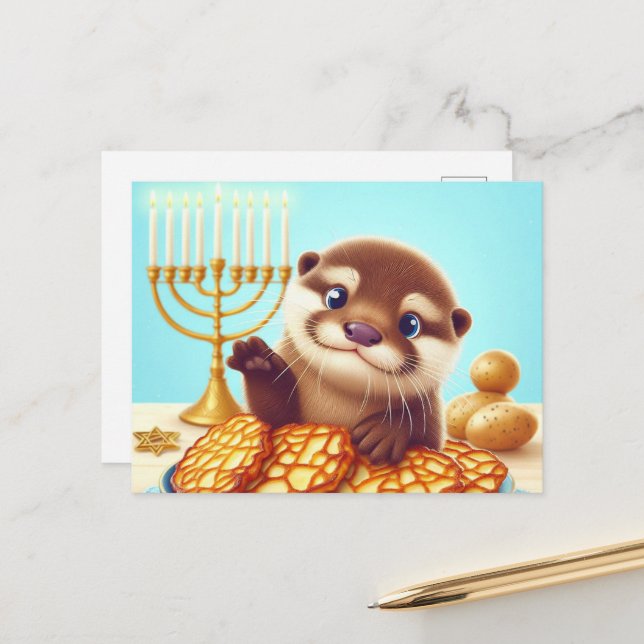Cartão Postal Hanukkah Otter Adorável (Frente/Verso In Situ)