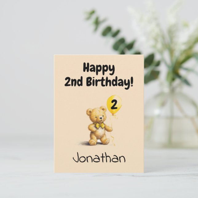 Cartão Postal Happy 2nd Birthday, Personalized Teddy Bear Card,  (Em pé/Frente)