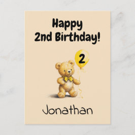 Cartão Postal Happy 2nd Birthday, Personalized Teddy Bear Card, 