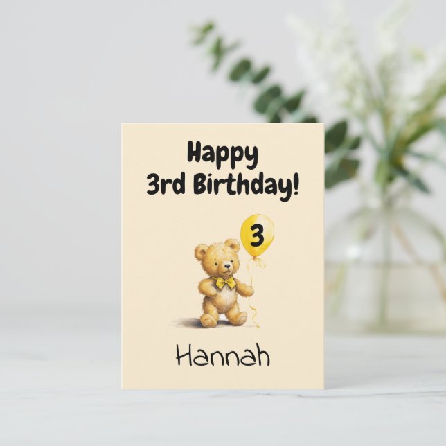 Cartão Postal Happy 3rd Birthday, Personalized Teddy Bear Card,  (Em pé/Frente)