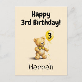 Cartão Postal Happy 3rd Birthday, Personalized Teddy Bear Card, 