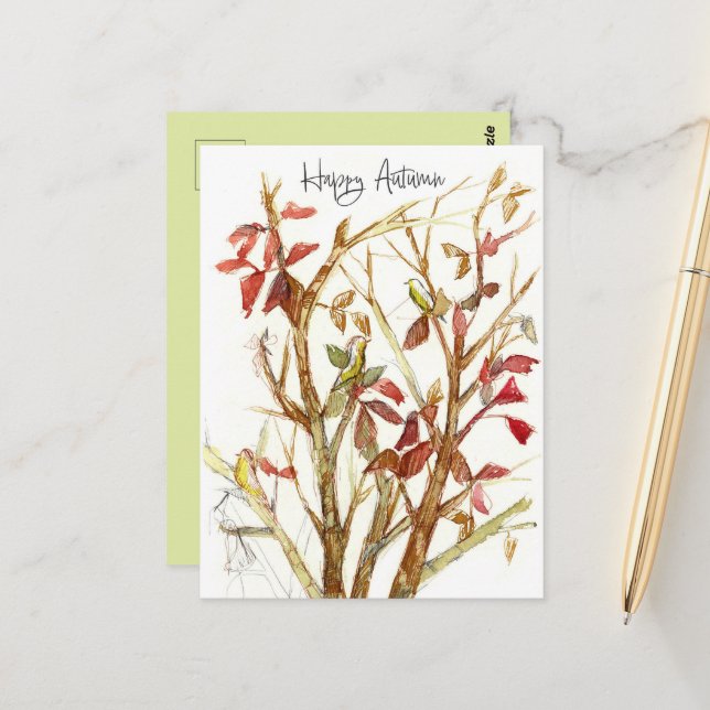 Cartão Postal Happy Autumn Fall Colors Tree Birds Branches (Frente/Verso In Situ)