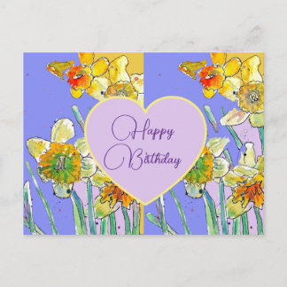Cartão Postal Happy Birthday Daffodil floral Yellow Purple