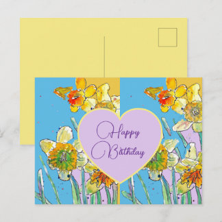 Cartão Postal Happy Birthday Daffodil floral Yellow Purple