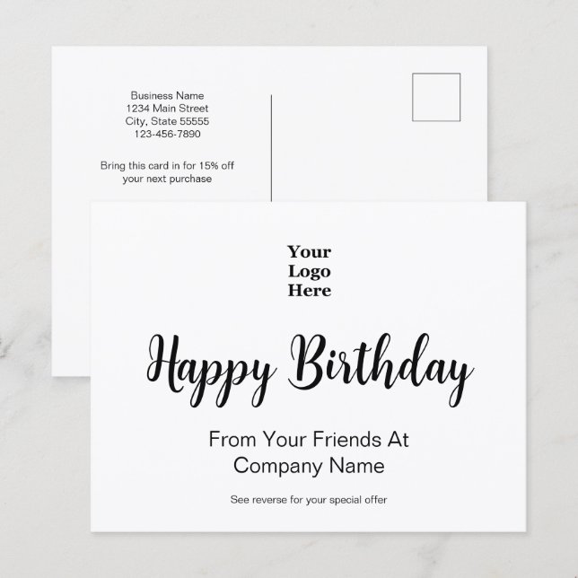 Cartão Postal Happy Birthday From Business Logo Special Offer (Frente/Verso)