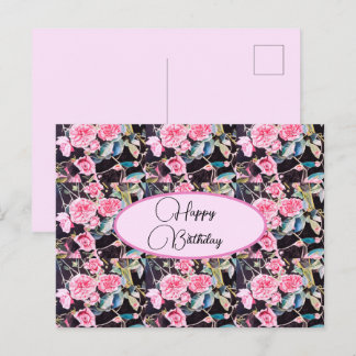 Cartão Postal Happy Birthday Rose floral Pink Black Postcard