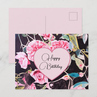 Cartão Postal Happy Birthday Rose floral Pink Black Postcard