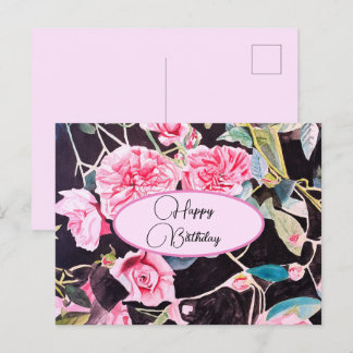 Cartão Postal Happy Birthday Rose floral Pink Black Postcard