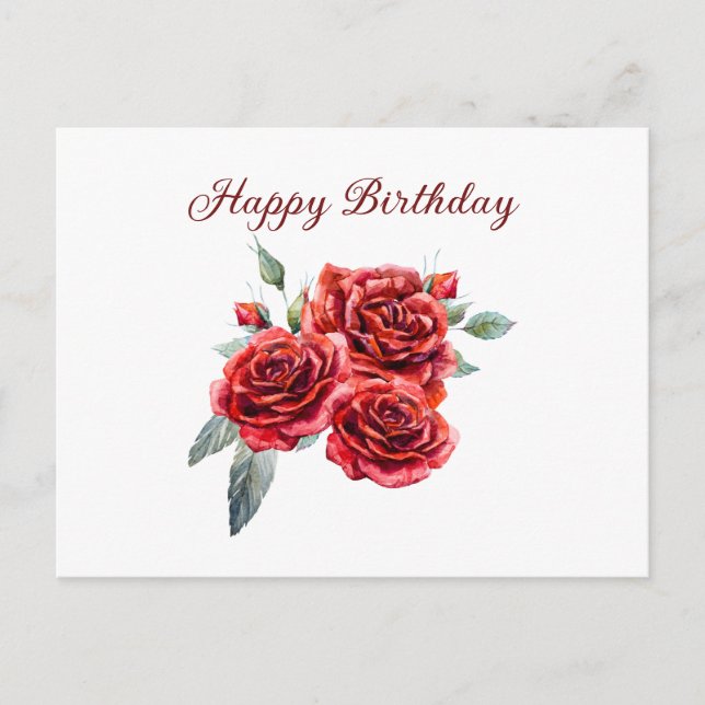Cartão Postal Happy Birthday Watercolor Red Roses  (Frente)