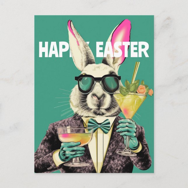 Cartão Postal Happy Easter Bunny with Sunglasses Cocktails Funny (Frente)